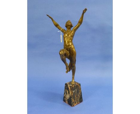 H. Fugére, "Danseuse Orientale", a French Art Deco gilt bronze figure, standing semi-clothed on a marbled plinth, the plinth 