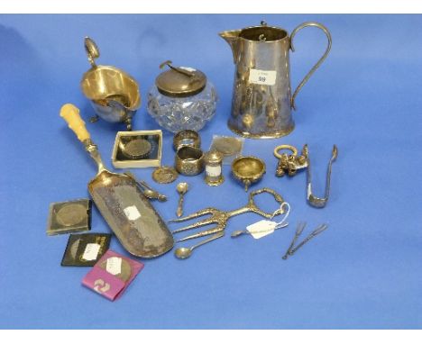 A small quantity of silver and silver plated items, including silver-plated sauce boat, table pan, napkin ring, child's rattl