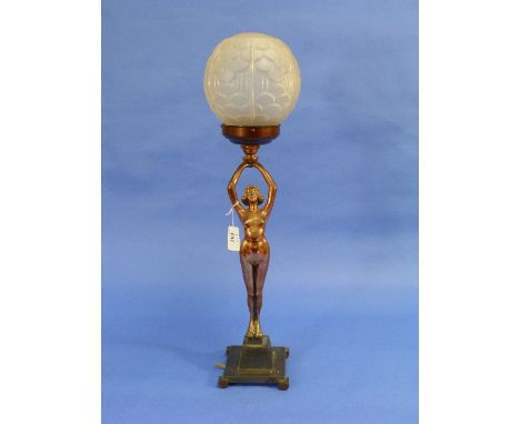 An Art Deco gilt bronze figural lamp base, the nude female supporting a frosted glass globe, on stepped base, overall 22in (5