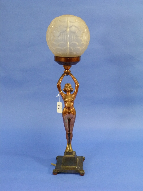 An Art Deco Gilt Bronze Figural Lamp Base The Nude Female Supporting A Frosted Glass Globe On S