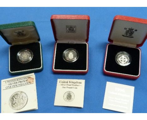 Piedfort Silver Proof £1 Coins; including 1983, Royal Arms; 1988, Shield & Crown; and 1996, Celtic Cross, all boxed (3)