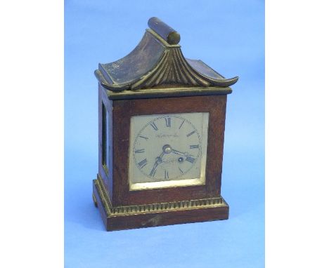 An early 19thC mahogany 'Pagoda' top four-glass Mantel Clock, with four pillar single fusee 8-day movement, the square brass 