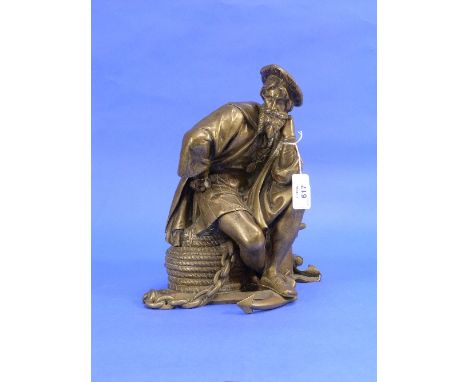 An early 20thC gilt bronze figure of Vasco da Gama, seated upon coiled rope with an anchor at his feet, 10?in (27cm) high. 