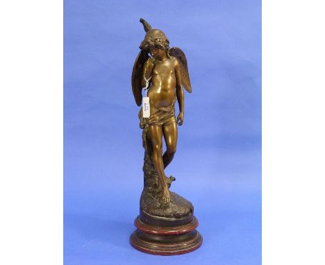 A 19thC French bronze figure of a young winged female, standing before a gnarled tree, the base impressed 'Lalouette', on red