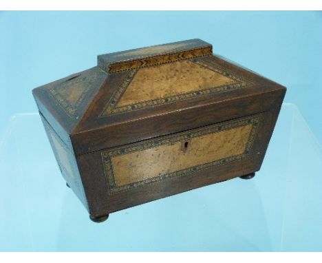 A 19thC Tunbridgeware banded rosewood Tea Caddy, of sarcophagus form with burr walnut panels, the hinged lid enclosing a divi