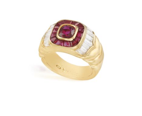 From the private collection of a continental ladyA RUBY AND DIAMOND DRESS RING, BY CARLO ILLARIOThe central cushion-shaped ru