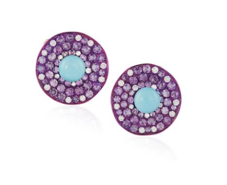 A PAIR OF AMETHYST, TURQUOISE AND DIAMOND EARRINGS, BY MARGHERITA BURGENEREach circular purple titanium plaque centring a cir