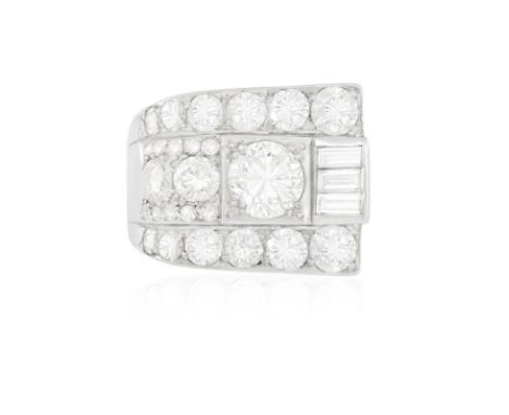 AN ART DECO DIAMOND DRESS RING, CIRCA 1940Of odeonesque design, the arched front section set with a principal European-cut di