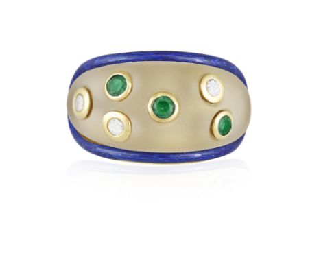 A GEM-SET AND ENAMEL DRESS RINGOf domed design, set with brilliant-cut diamonds and circular-cut emeralds within frosty rock 