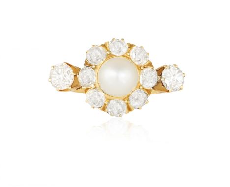 A MID-20TH CENTURY NATURAL PEARL AND DIAMOND CLUSTER RINGSet with a button-shaped natural pearl at the centre within a surrou