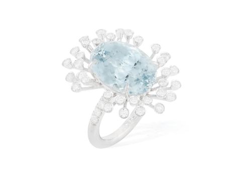 AN AQUAMARINE AND DIAMOND COCKTAIL RING, BY MARGHERITA BURGENERSet with an oval-shaped aquamarine weighing 11.22cts within a 