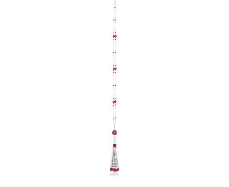 A RUBY, CULTURED PEARL AND SAPPHIRE SAUTOIR NECKLACEDesigned as a detachable cultured pearl tassel highlighted with ruby bead