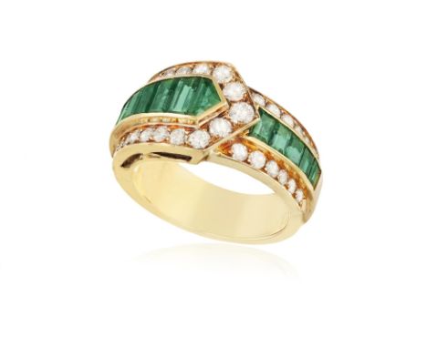 From the private collection of a continental ladyAN EMERALD AND DIAMOND DRESS RING, BY VAN CLEEF & ARPELSOf stylised buckle d