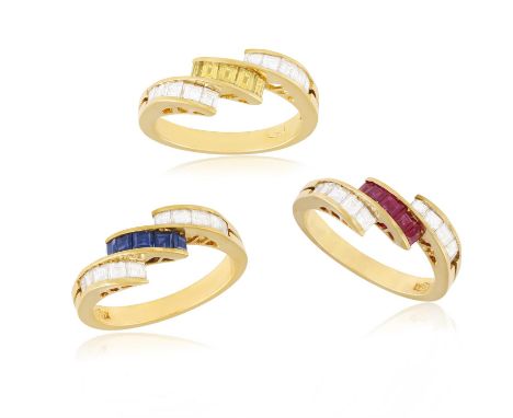 THREE GEM-SET AND DIAMOND RINGSEach frontispiece set with a line of square-cut yellow diamonds or sapphires or rubies, betwee