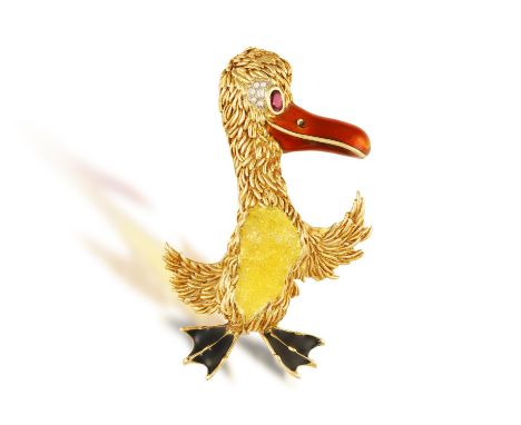 A GEM-SET AND ENAMEL NOVELTY BROOCH, BY FRASCAROLO, CIRCA 1965The whimsical duck, with textured gold body and wings, oval-sha