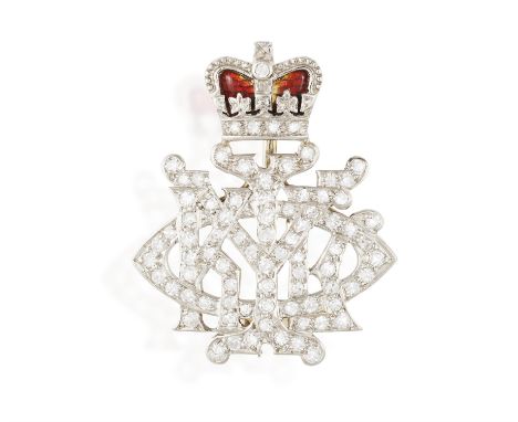 A DIAMOND AND ENAMEL REGIMENTAL SWEETHEART BROOCH, CIRCA 1900An enamelled crown above intertwined monogram set with single cu