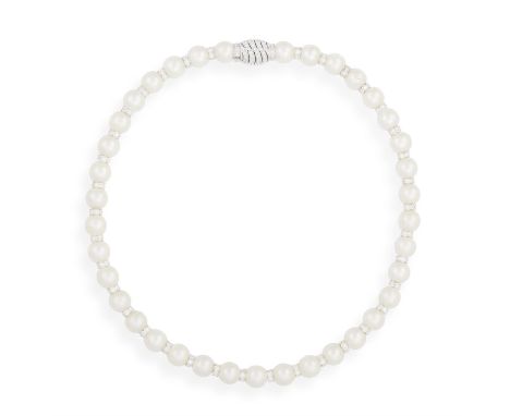 A CULTURED PEARL AND DIAMOND NECKLACEComposed of a single row of cultured pearls of white tint measuring approximately 9.73mm