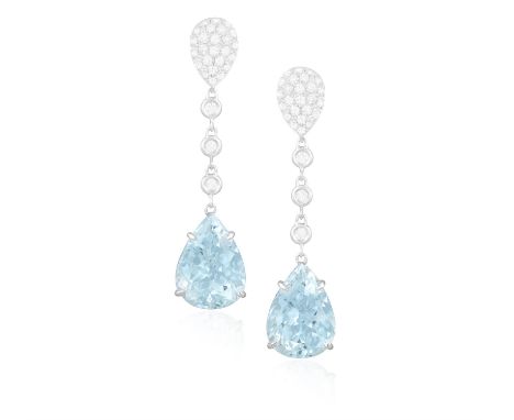 A PAIR OF AQUAMARINE AND DIAMOND PENDENT EARRINGS, BY MARGHERITA BURGENEREach pear-shaped aquamarine drop suspending from a t