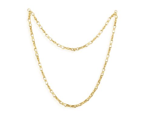 A GOLD SAUTOIR NECKLACE, BY CARLO WEINGRILL FOR BULGARI, CIRCA 1960The long fancy-link chain with textured gold and reeded de