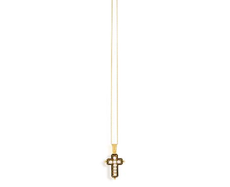 AN ENAMEL AND DIAMOND CROSS PENDANT ON CHAINThe Latin cross set with old cushion and brilliant-cut diamonds within a black en