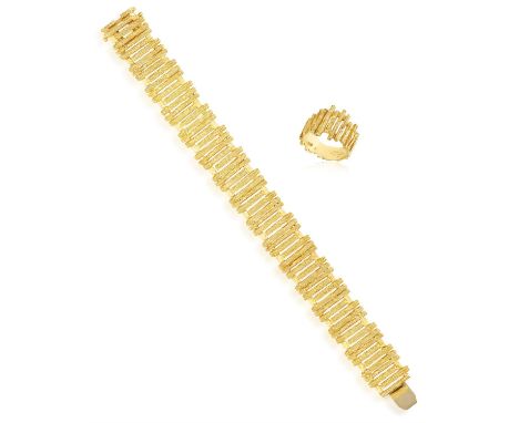 A GOLD BRACELET WITH MATCHING RING, CIRCA 1970Of openwork abstract design with textured gold baguettes throughout, in 18K gol