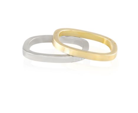 TWO GOLD RINGS, BY DINH VAN, CIRCA 1970Each designed as a flat square band, one in 18K white gold, the other in 18K yellow go