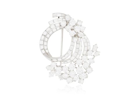 A FINE DIAMOND BROOCH, BY BULGARI, CIRCA 1960Of openwork foliate design, set with brilliant, baguette and tapered baguette-cu