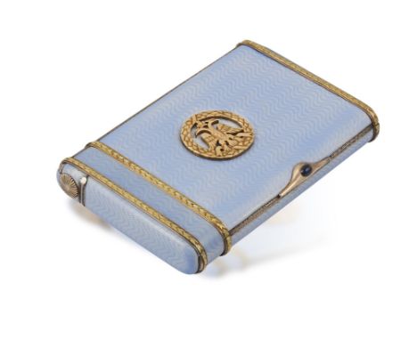 A RUSSIAN SILVER GILT AND GOLD CIGARETTE BOX, BY THIRD ARTEL, ST PETERSBURG, 1908-1917The rectangular case, with pastel blue 