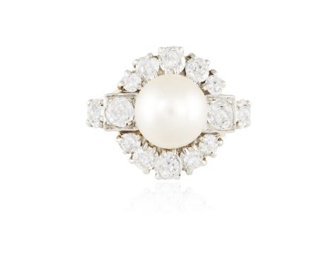 A MID-20TH CENTURY PEARL AND DIAMOND DRESS RINGThe central cultured pearl measuring approximately 8.41mm within a surround of