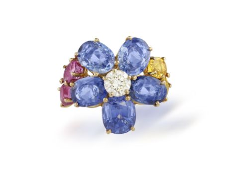 From the private collection of a continental ladyA SAPPHIRE, COLOURED SAPPHIRE AND DIAMOND COCKTAIL RINGOf flowerhead design,