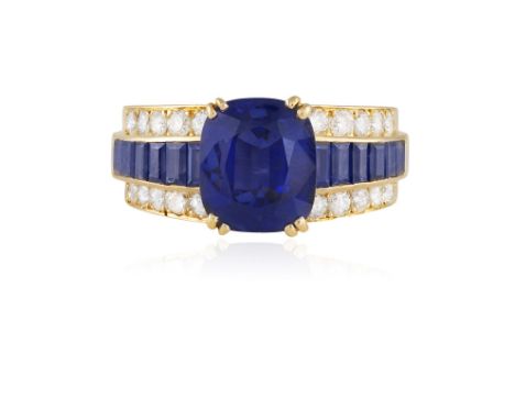 From the private collection of a continental ladyA SAPPHIRE AND DIAMOND DRESS RING, BY VAN CLEEF & ARPELSThe cushion-shaped s