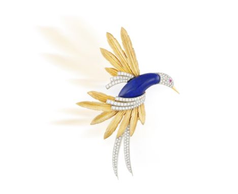 AN ELEGANT DIAMOND AND LAPIS LAZULI BIRD BROOCH, CIRCA 1965Modelled as a bird of paradise, the body in lapis lazuli, the head