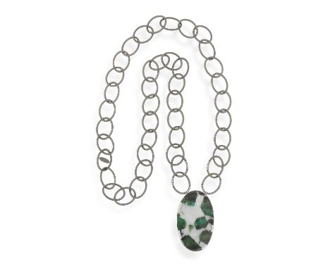 AN EMERALD ROOT, DIAMOND AND TITANIUM SAUTOIR NECKLACE, BY MARGHERITA BURGENERThe oval-shaped emerald root plaque weighing 88