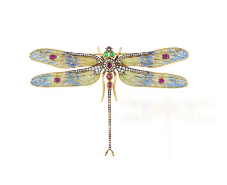 AN ENAMEL AND GEM-SET BROOCHModelled as a stylised dragonfly, the green and blue plique-à-jour wings accented by oval-shaped 