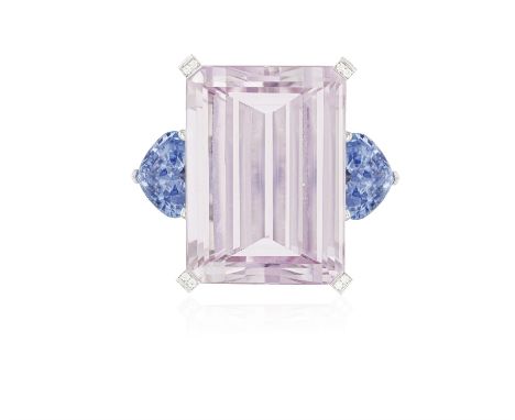 A KUNZITE, SAPPHIRE AND DIAMOND COCKTAIL RING, BY FANNY BLANCHELANDEThe large rectangular-cut kunzite weighing approximately 