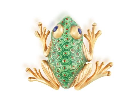 A SAPPHIRE AND ENAMEL NOVELTY BROOCHModelled as a frog, the body decorated with green enamel and red enamel spots, the eyes e