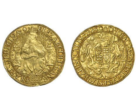 Second issue of Fine Gold, Sovereign of Thirty Shillings, mm. escallop [14 February 1585 to 30 May 1587]  ELIZABETH · D’· G’·