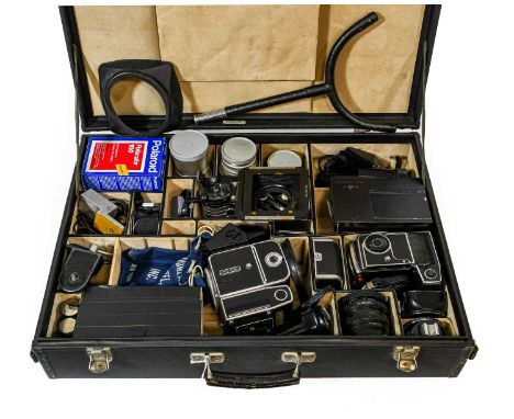 Hasselblad 500EL Camera Outfit, consisting of two camera bodies: UVE 16765; two motor drives, three prism viewers, three film