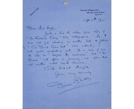 Wheatley (Dennis, 1897-1977). Collection of signed letters to Eileen Cond, 1933-71. 31 in total, of which 19 autograph, the r