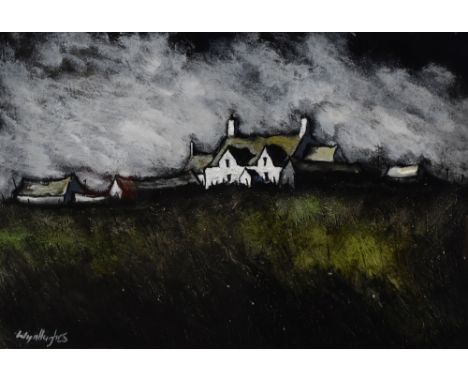 WYN HUGHES oil on panel - dark landscape with white-washed houses, signed, 25 x 37cms