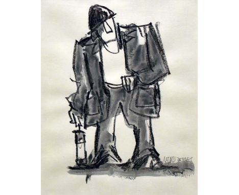 MIKE JONES colourwash - standing miner with his lamp, signed, 30 x 24cms