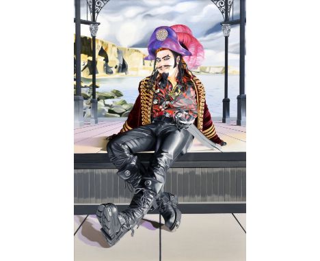SIMON HUSON oil on board - full portrait of Welsh opera singer Karl Daymond posing on set in costume for The Pirate King at t