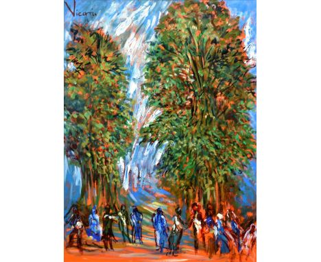 ANDREW VICARI oil on wood panel - crowd of figures beneath two tall trees, entitled 'Enigma of the Trees', signed and dated v