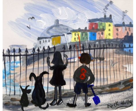 NICK HOLLY acrylic - two children and dogs at a Tenby railing, signed, 12 x 14cms