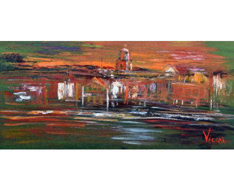 ANDREW VICARI oil on wood panel - expansive and colourful impressionist-style view of the French Riviera, entitled 'Dusk at S
