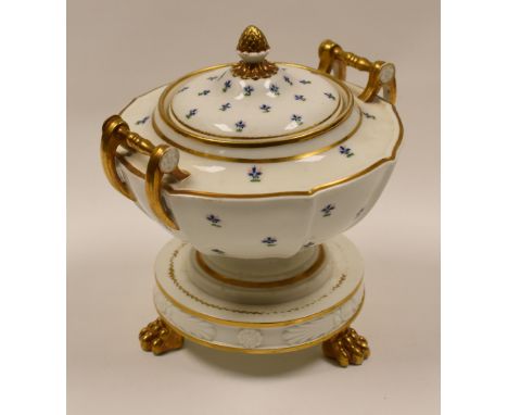 SWANSEA PORCELAIN - rare shaped tureen and cover, raised on a circular base on three gilded claw-feet, the body of faceted fo