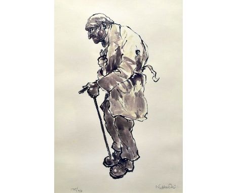 SIR KYFFIN WILLIAMS RA limited edition (175/750) print - standing figure in overcoat and with stick, entitled 'Farmer at Fune