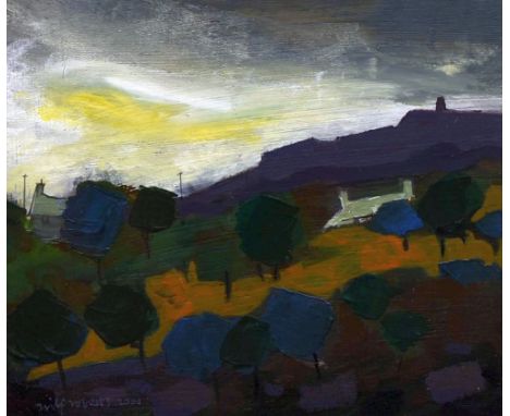 WILF ROBERTS acrylic on panel - Anglesey landscape near Bodafon with cottages, signed and dated 2000, 17 x 19cms