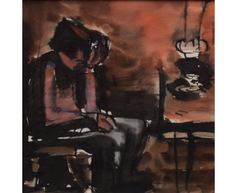 JOSEF HERMAN watercolour - entitled verso 'Two Seated Figures with Oil Lamp', 15 x 15cms