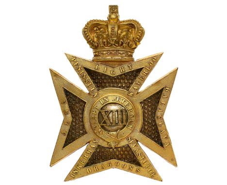 13th Light Dragoons Victorian Officer’s shako plate circa 1857-61.  A very fine, rare die-stamped rich fire-gilt example. Cro
